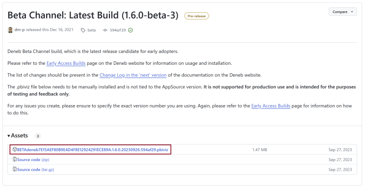 The GitHub repository contains a Beta Release page, where you can download the Power BI visual file (.pbiviz) for the latest beta version.