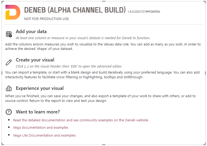 Example of &#39;Deneb (Alpha Channel Build)&#39; landing page, after adding the visual to the report canvas - the name, description and version will be different.