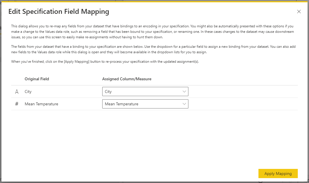 The Edit Specification Field Mapping dialog allows you to change the allocation of any fields from the dataset that are used in encodings or expressions within your specification.